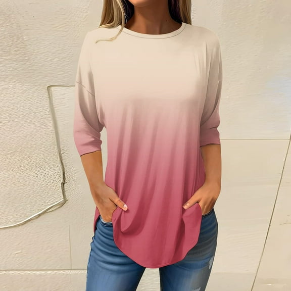 Pink Women's Long Sleeve T-shirt, 3/4 Length Sleeve Womens Tops 2025 Spring Neck Casual Print Tunic T Shirts Three Quarter Length Womens Tops,Women's Long sleeve T-shirt S