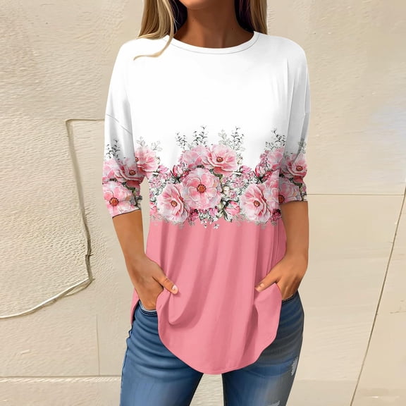 Pink Women's Long Sleeve T-shirt, 3/4 Length Sleeve Womens Tops 2025 Spring Neck Casual Print Tunic T Shirts Three Quarter Length Womens Tops,Women's Long sleeve T-shirt XXL