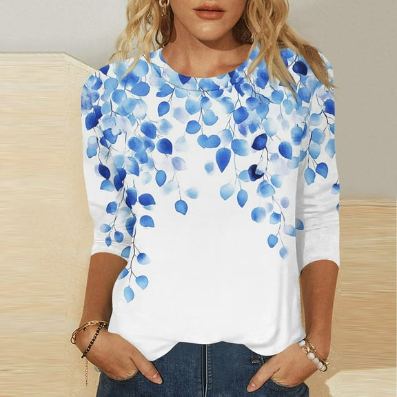 Pink Women's Long Sleeve T-shirt, 3/4 Length Sleeve Womens Tops Casual Round Neck Cute Tops Fashion Loose Fit T Shirts Ladies Tops And Blouses,Women's Long sleeve T-shirt L