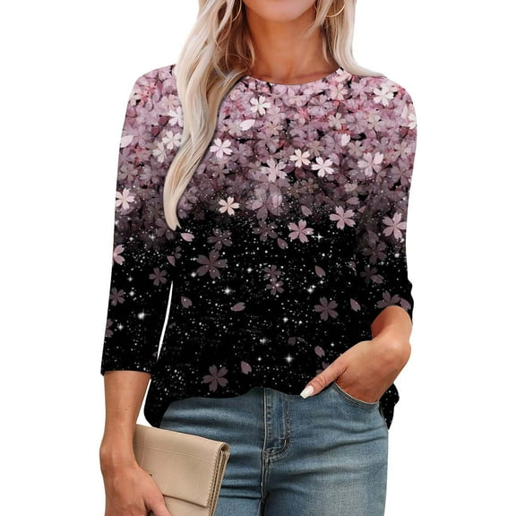 Pink Women's Long Sleeve T-shirt, 3/4 Length Sleeve Womens Tops Round Neck Casual Tunic Tops Basic Pleated Shirts Loose Fit 2025,Women's Long sleeve T-shirt M