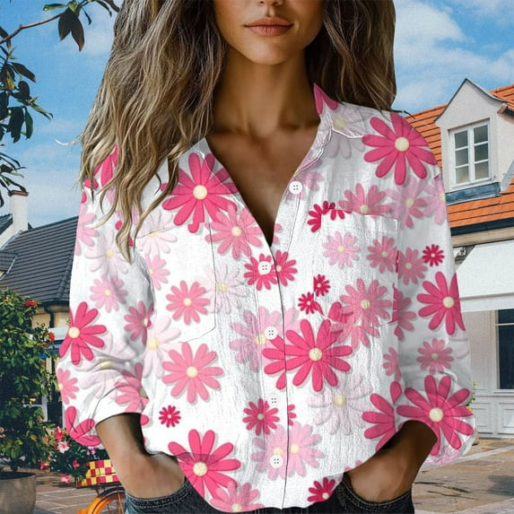 Pink Women's Long Sleeve T-shirt, Women Cotton Shirt Printed Fashion Button Down Shirts Casual Tops Long Sleeve Blouse,Women's Long sleeve T-shirt XL