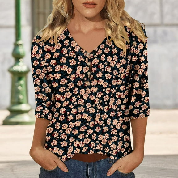 Pink Women's Long Sleeve T-shirt, Women'S Casual 3/4 Sleeve T Shirts 2025 V Neck Tunic Tops Cute Tees Blouses Loose Fit Business Work Tee Top,Women's Long sleeve T-shirt XL