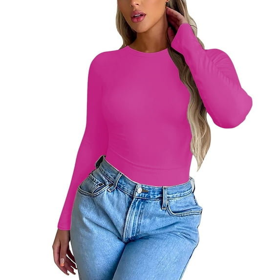 Pink Women's Long Sleeve T-shirt, Women'S Spring And Autumn Leisure Loose Fit Tight Elastic Solid Long Sleeve Round Neck T Shirt Top,Women's Long sleeve T-shirt M