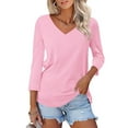 thumbnail image 1 of Pink Women's Long Sleeve T-shirt, Women'S V Neck 3/4 Sleeve Tops Color Block/Solid Shirts Basic Summer Tees,Women's Long sleeve T-shirt L, 1 of 7