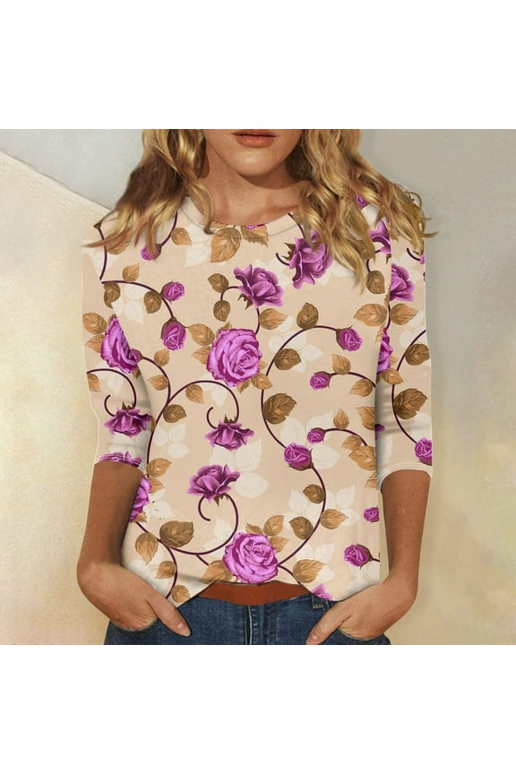 Pink Women's Short Sleeve T-shirt, 3/4 Length Sleeve Womens Tops Summer 2024 T Shirts Floral Print Crew Neck Casual Basic Tee Fit Tunic Tops Blouse,Women's Short sleeve T-shirt M