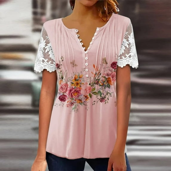 Pink Women's Short Sleeve T-shirt, Lace Tops For Women Suitable Trendy Fashion See Through Mesh Short Sleeve Shirt V Neck Casual Fitted Tunic Clothes,Women's Short sleeve T-shirt L