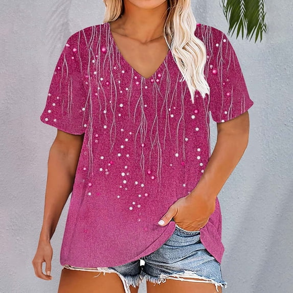 Pink Women's Short Sleeve T-shirt, Plus Size V Neck T Shirts Women Short Sleeve Tops Casual Summer Tshirts Loose Fit Tee,Women's Short sleeve T-shirt 3XL