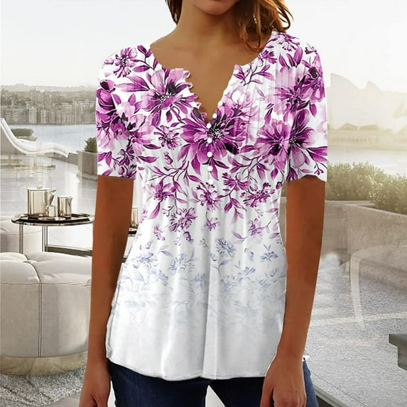 Pink Women's Short Sleeve T-shirt, Summer Tops For Women 2025 Trendy Boho Floral Print Tunic Shirts Short Sleeve V Neck Tshirt Casual Loose Blouse,Women's Short sleeve T-shirt L
