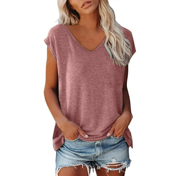 Pink Women's Short Sleeve T-shirt, Women Cap Sleeve Summer Casual Tops V Neck Solid Color Casual Shirts Loose Fit Blouse,Women's Short sleeve T-shirt S