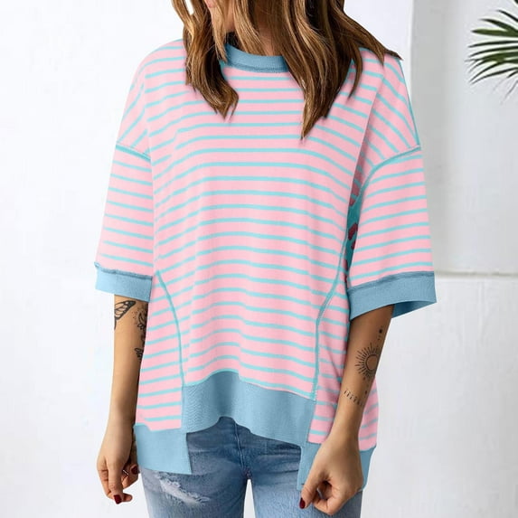 Pink Women's Short Sleeve T-shirt, Women'S Casual Round Neck Short Sleeved Striped Color Blocked Hem Off Shoulder Fashionable Pullover T Shirt,Women's Short sleeve T-shirt XXL
