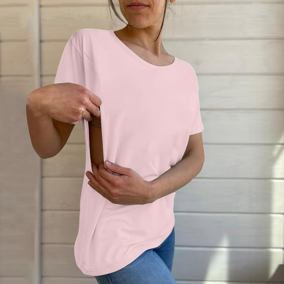 Pink Women's Short Sleeve T-shirt, Women'S Solid Color Round Tie Zipper Loose Casual Short Sleeved Top,Women's Short sleeve T-shirt XXL