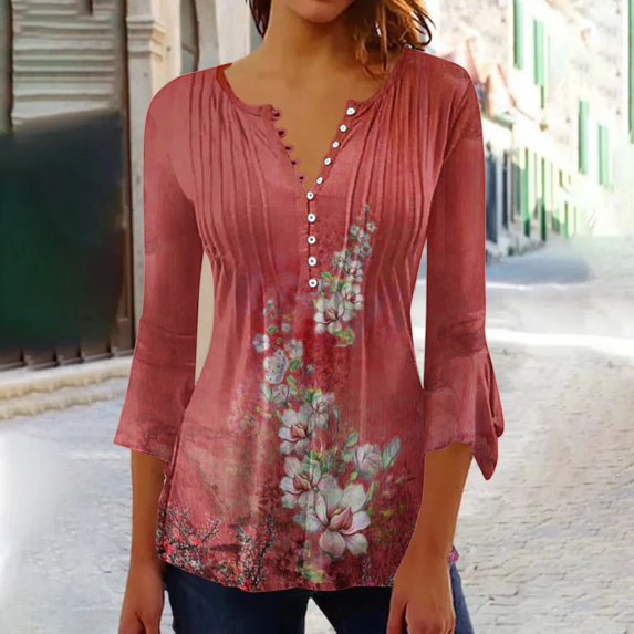 Pink Women's Short Sleeve T-shirt, Women'S Spring And Summer Seven Minutes Of Bell Sleeve V Neck Pressed Pleated Solid Color Button T Shirt,Women's Short sleeve T-shirt XL