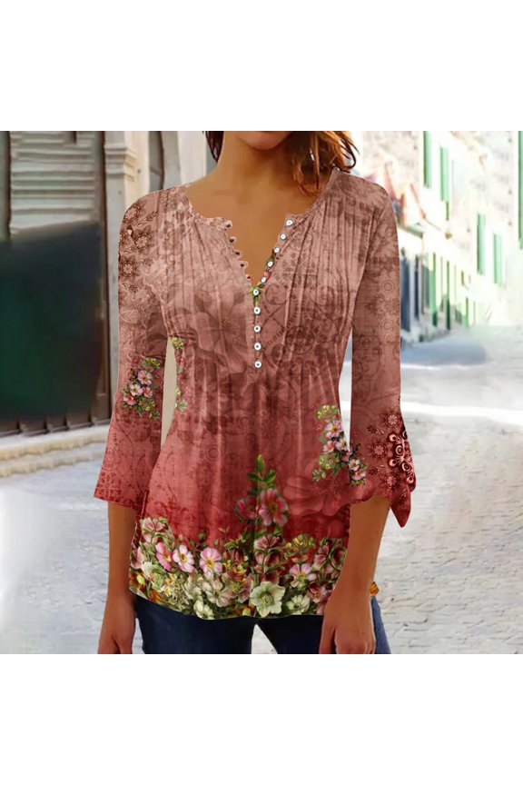 Pink Women's Short Sleeve T-shirt, Women'S Spring And Summer Seven Minutes Of Bell Sleeve V Neck Pressed Pleated Solid Color Button T Shirt,Women's Short sleeve T-shirt XXL