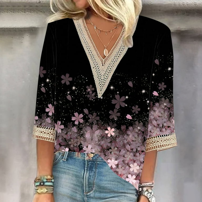 Pink Women's Short Sleeve T-shirt, Women'S V Neck Lace Edge
