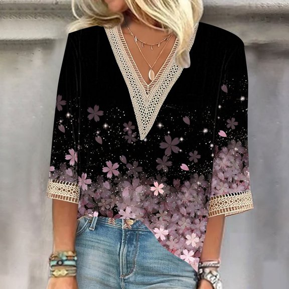 Pink Women's Short Sleeve T-shirt, Women'S V Neck Lace Edge Gradient Print Loose Seven Quarter Sleeve T Shirt,Women's Short sleeve T-shirt S