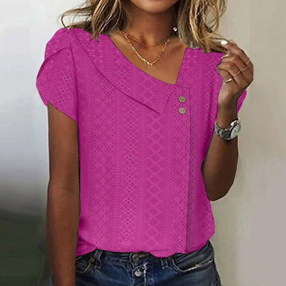 Pink Women's Short Sleeve T-shirt, Womens Summer Tops Short Sleeve V Neck Shirts Button Going Out Blouses For Women Dressy Casual 2024 Trendy Clothes,Women's Short sleeve T-shirt M
