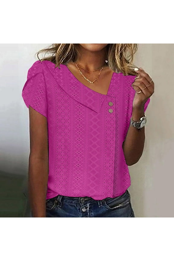 Pink Women's Short Sleeve T-shirt, Womens Summer Tops Short Sleeve V Neck Shirts Button Going Out Blouses For Women Dressy Casual 2024 Trendy Clothes,Women's Short sleeve T-shirt M