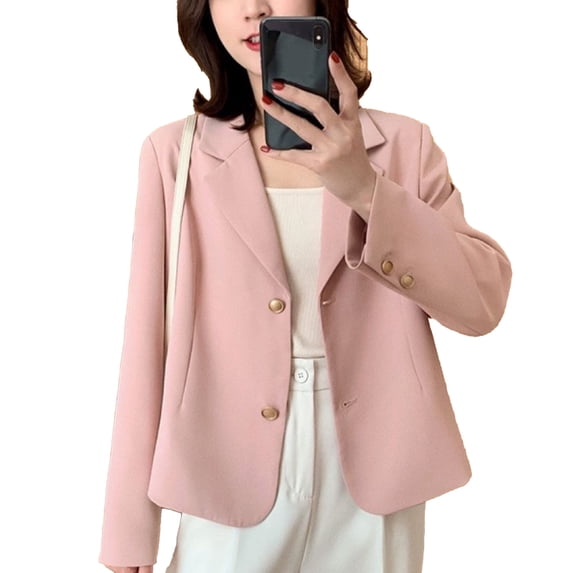 Pink Women's Short Suit Jacket with Long Sleeves, Single Breasted Notched Turn-Down Collar, and Open Front