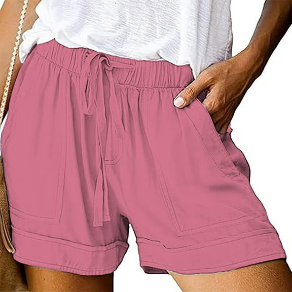 Pink Women's Shorts, Linen Shorts For Women Casual Summer Shorts Plus Size High Waisted Loose Fit Drawstring Short Pants With Pockets,Women's Shorts XXL