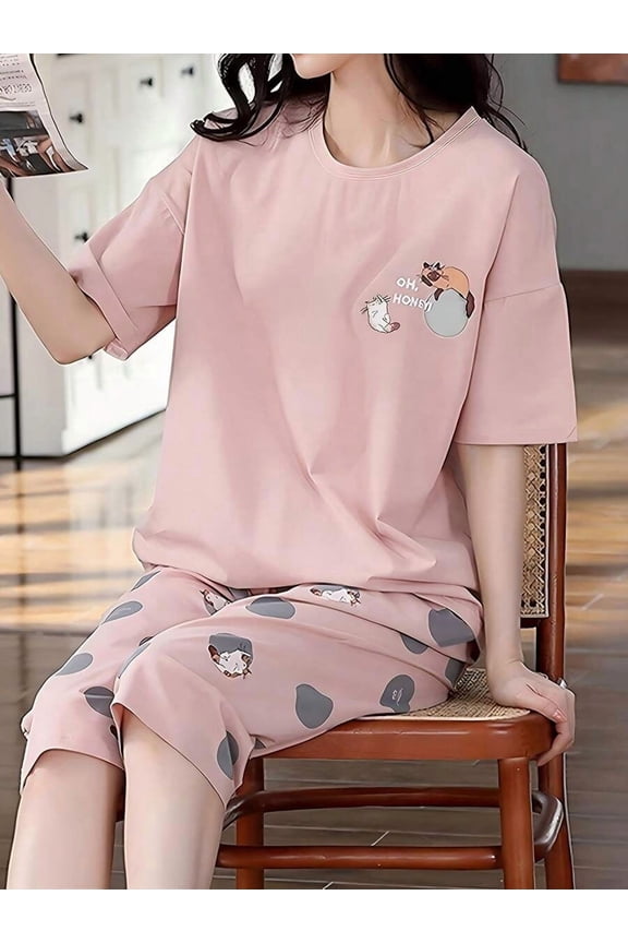 Pink Womens 2-Piece Pajama Set With Cartoon Cat Print, Loose Fit Sleepwear For Home Lounge