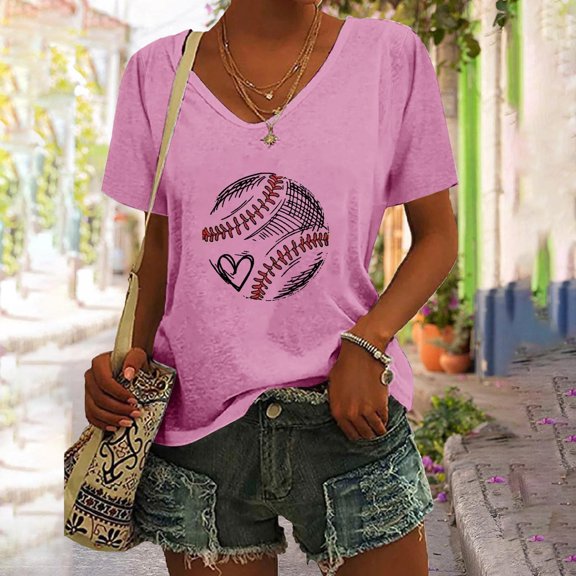 Pink Womens Blouses Women's Baseball Festival Solid Color Baseball Printed V Neck Short Sleeved Top Ladies Tops and Blouses