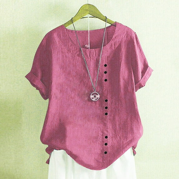 Pink Womens Blouses Women's Cotton Linen Shirts Summer Casual Boho Floral Short Sleeve Blouse Oversized Loose Ladies Tunic Tops Ladies Tops and Blouses