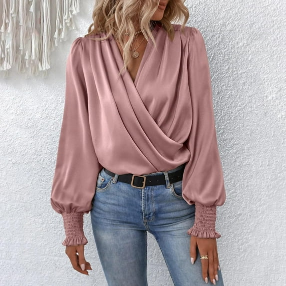 Pink Womens Blouses Women's Elegant Women's V Neck with Great Sleeves Temperament Worker Women's Solid Color Shirt Blouses for Women Dressy Casual