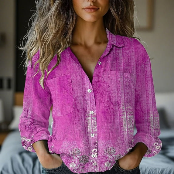 Pink Womens Blouses Women's Long Sleeved Printed Button Down Shirt Ladies Tops and Blouses