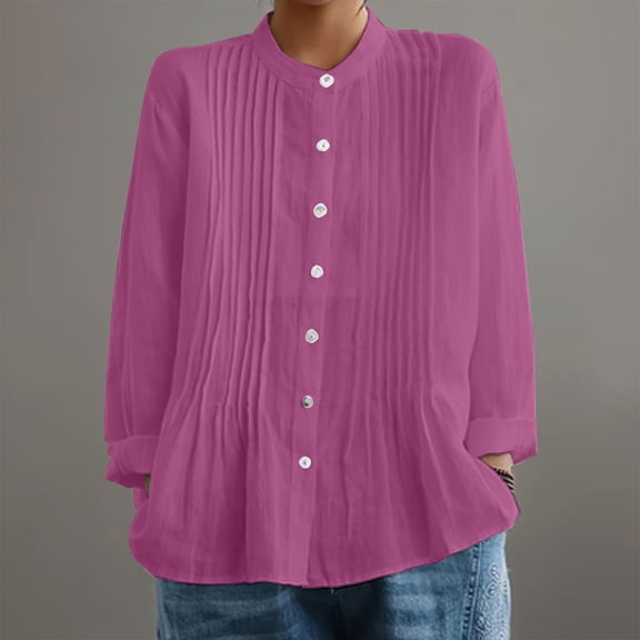 Pink Womens Blouses Women’s Pleated Shirt with Retro Front Pleats – Soft Linen Like Fabric Easy Regular Fit Elegant Design Summer Tops for Women