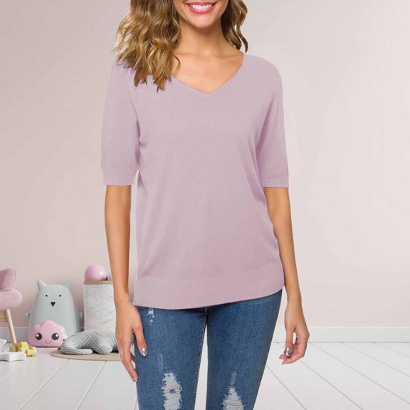 Pink Womens Blouses Women's Short Sleeves Sweaters V Neck Soft Pullover Top Ladies Tops and Blouses