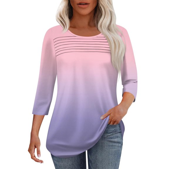 Pink Womens Blouses Womens 3/4 Length Sleeve Tops Casual Summer Pleated Front T Shirts Round Neck Business Work Tunic Blouses Ladies Tops and Blouses