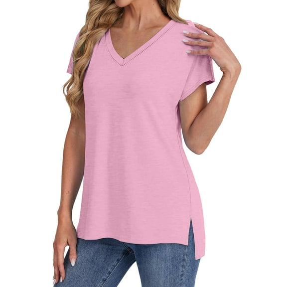 Pink Womens Blouses Womens Summer Daily Casual V Neck Shirts Short Sleeve Tops Blouses Loose Fit Shirt Ladies Tops and Blouses