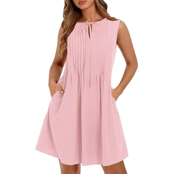 Pink Womens Boat Neck Lace Faux Linen Dresses for Ladies Sleeveless Midi Knee High Casual Pleated Tie Knot Basic Summer Fall Dresses 2025 Clothing Y2K XL
