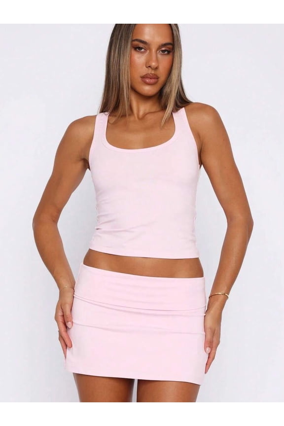 Pink Womens Bodycon Mini Skirt With Fold Over Waist Casual Solid Color Streetwear Style