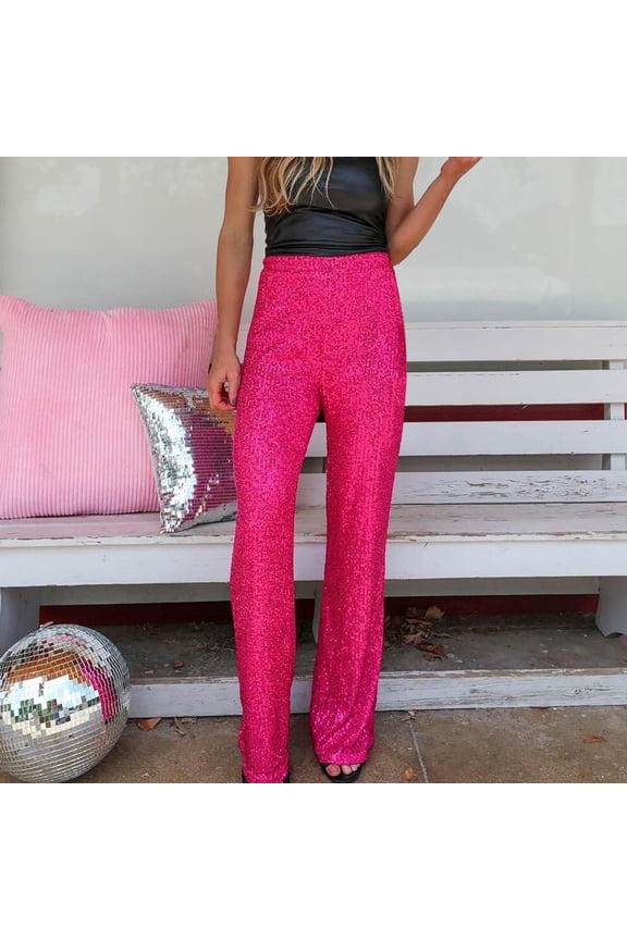 Pink Womens Business Casual Clothing, Polyester Petite Wide Leg Pants for Women, Work Pants Women, Wide Leg Trousers Women, Sequin Womens Dress Pants for Work, Weekend Solid Color Women Work Pants