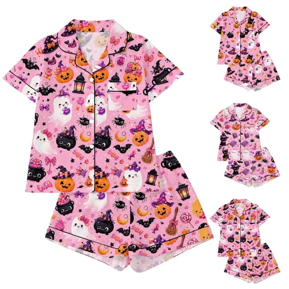 Pink Womens Button Down Pajamas Set Satin Women's Halloween Pajamas Pumpkin Ghost Pjs Button Down 2 Piece Lounge Set S