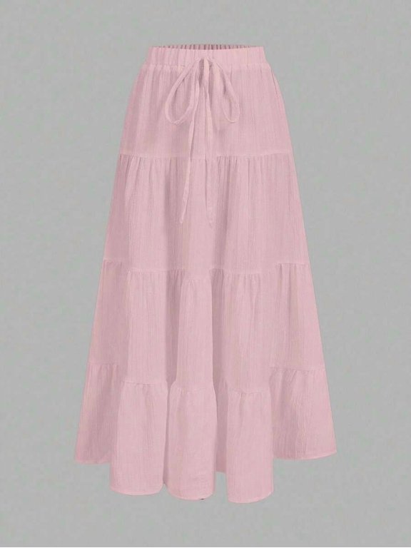 Pink Womens Casual Tiered Cake Hem Skirt With Drawstring Waist Flowing Maxi Skirt Summer Style