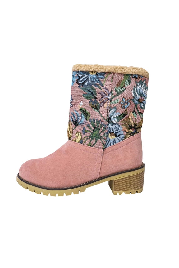 Pink Womens Chunky Heel Suede Ankle Boots Embroidered Floral Fall Winter Comfortable Outdoor Fashionable