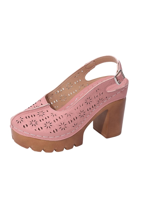 Pink Womens Closed Toe Chunky Heel Sandals With Thick Sole Platform Solid Design For Summer Wear