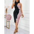 thumbnail image 1 of Pink Womens Color Block Sequin Hollow Slit Midi Dress With Belted Waist, 1 of 7