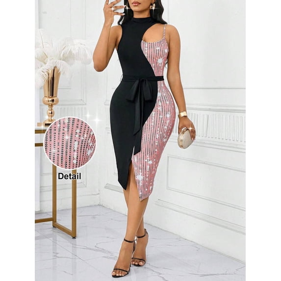 Pink Womens Color Block Sequin Hollow Slit Midi Dress With Belted Waist