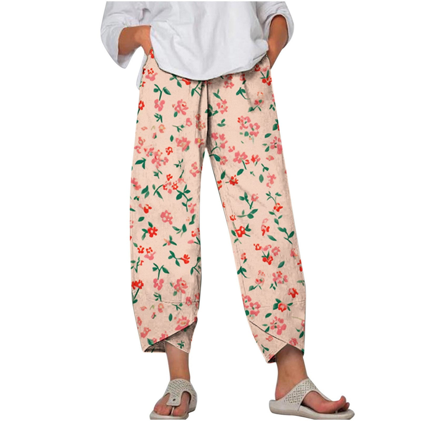 Pink Womens Daisy Floral Graphic Loose Fit Faux Gauze Linen Pants for ...