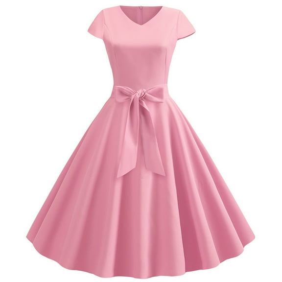 Pink Womens Dresses Vintage V Neck Short Sleeve Solid Color Casual Dress Cocktail Evening Dresses for Women 2024