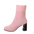 thumbnail image 1 of Pink Womens Elastic Knitted Boots With Square Toe And Chunky Heel For Versatile Winter Styling, 1 of 8