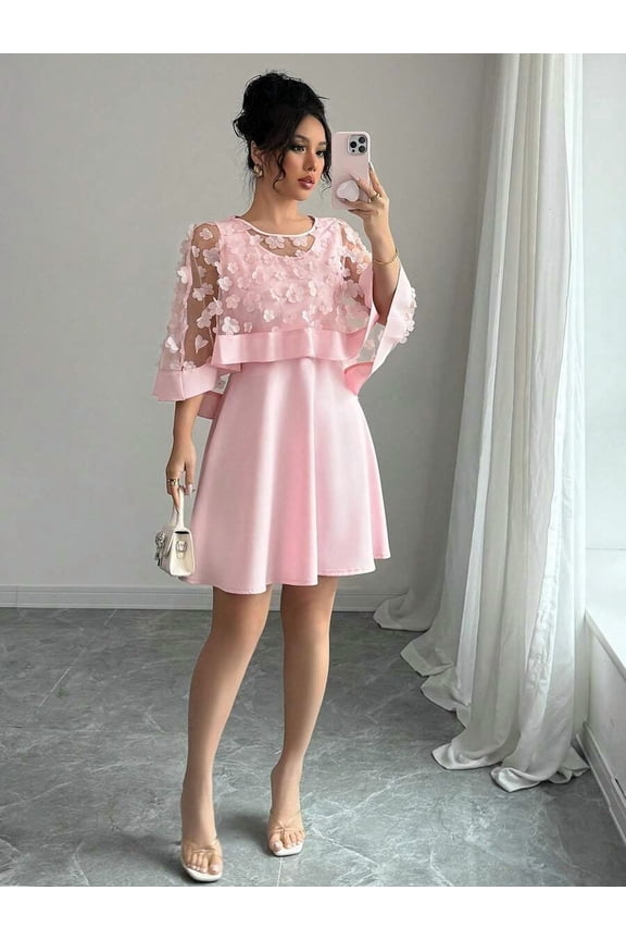 Pink Womens Elegant Floral Appliqué Chiffon Overlay A-Line Short Dress