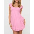 thumbnail image 1 of Pink Womens Eyelet Smocked Babydoll Mini Dress With Ruffled Cap Sleeves A-Line Sundress, 1 of 5