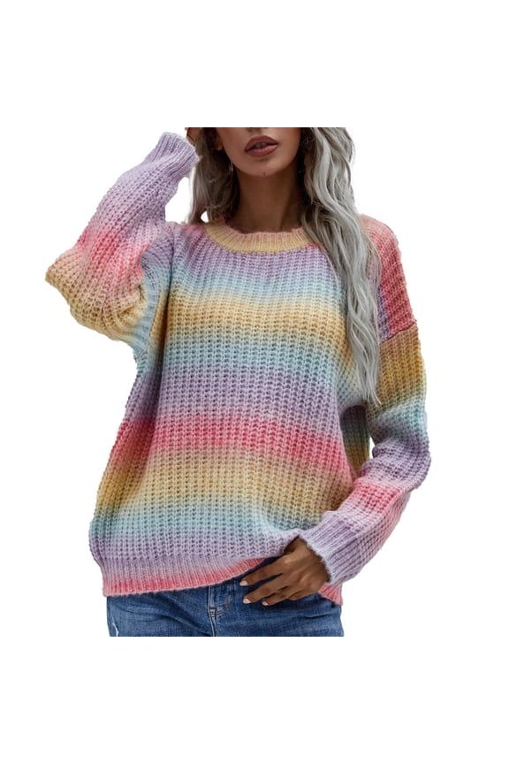 Pink Womens Fall Tops Ladies Crew Neck Long Sleeve Knit Rainbow Sweater Fashion Loose Tops Sweaters for Women