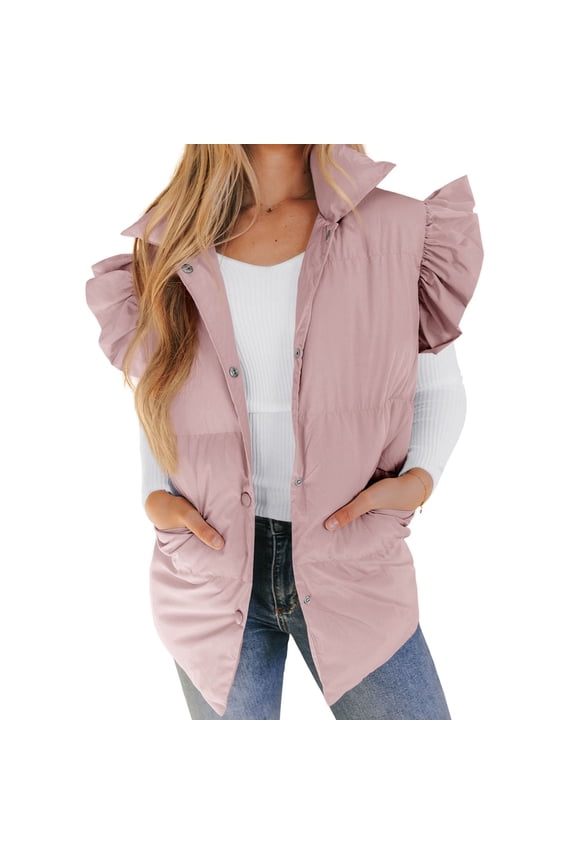 Womens Fall Tops Mid Long Puffer Vest Ruffle Sleeve Button Down Bubble Jackets Quilted Puffy Outerwear Womens Fall Fashion 2023 Size XL