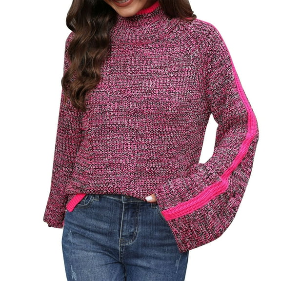 Pink Womens Fall Tops Women'S Fashion Loose Drop Shoulder Patchwork Mixed Color Long Sleeved Turtleneck Sweaters for Women
