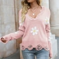 thumbnail image 1 of Pink Womens Fall Tops Women's Ripped Long Sleeved Loose Knit Sweater with Small Flower V Neck Pullover Sweaters for Women, 1 of 6